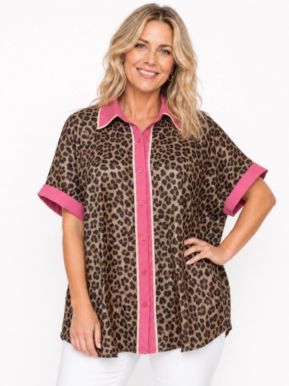 ENTRO Animal Print Oversized Shirt XL Pink Contrast Collar Boutique Top